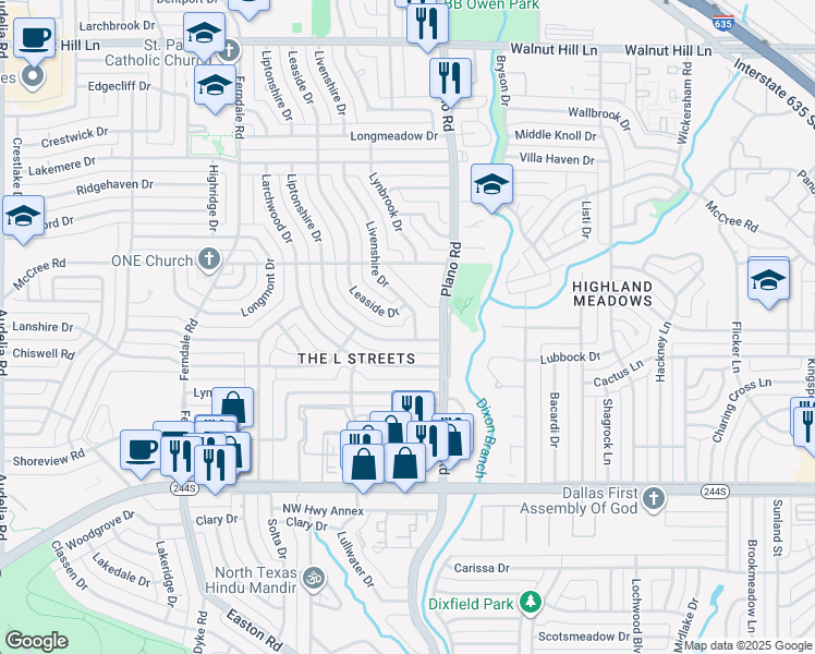 map of restaurants, bars, coffee shops, grocery stores, and more near 8911 Livenshire Drive in Dallas