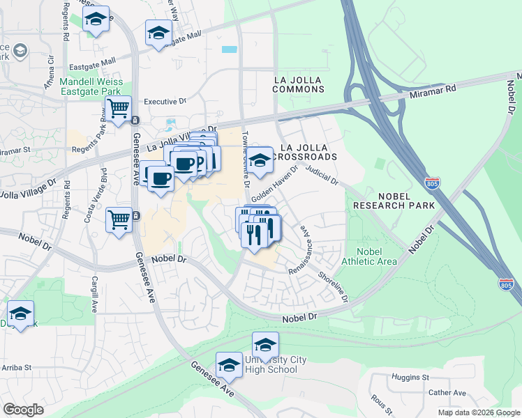 map of restaurants, bars, coffee shops, grocery stores, and more near 5548 Renaissance Avenue in San Diego