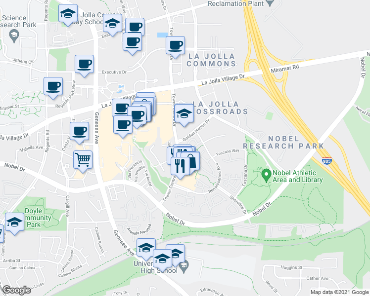 map of restaurants, bars, coffee shops, grocery stores, and more near 5554 Renaissance Avenue in San Diego