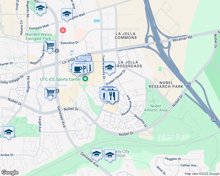 map of restaurants, bars, coffee shops, grocery stores, and more near 5554 Renaissance Avenue in San Diego