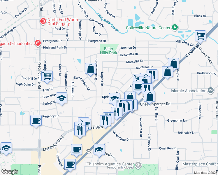 map of restaurants, bars, coffee shops, grocery stores, and more near 401 Shadow Wood Ln in Hurst