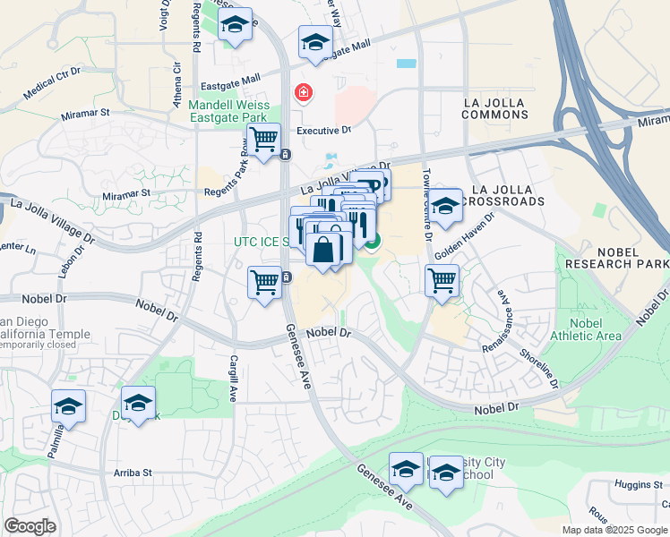 map of restaurants, bars, coffee shops, grocery stores, and more near 4545 La Jolla Village Drive in San Diego