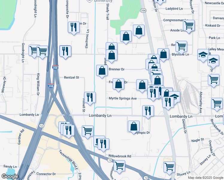 map of restaurants, bars, coffee shops, grocery stores, and more near 10606 Shady Trail in Dallas