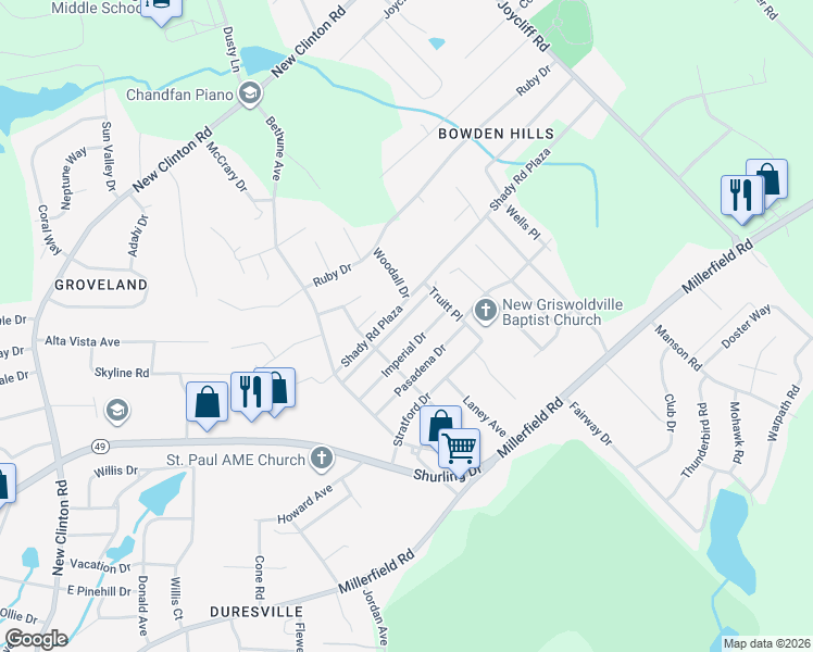 map of restaurants, bars, coffee shops, grocery stores, and more near 3237 Commodore Drive in Macon