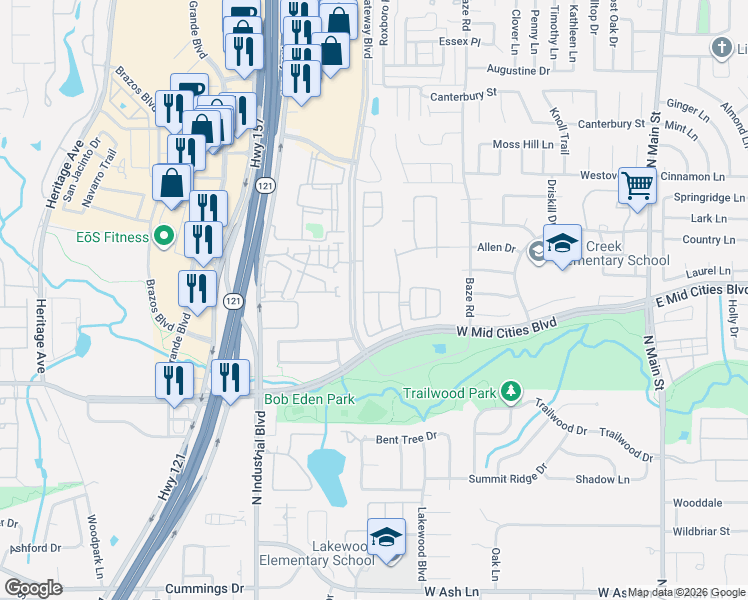 map of restaurants, bars, coffee shops, grocery stores, and more near 2213 Red Hawk Lane in Euless