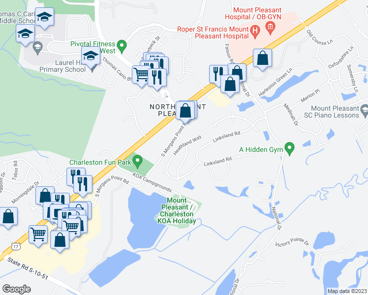 map of restaurants, bars, coffee shops, grocery stores, and more near 3256 Heathland Way in Mount Pleasant
