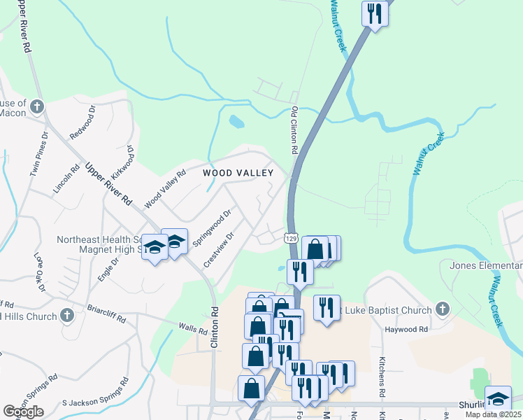 map of restaurants, bars, coffee shops, grocery stores, and more near 1958 Clinton Road in Macon