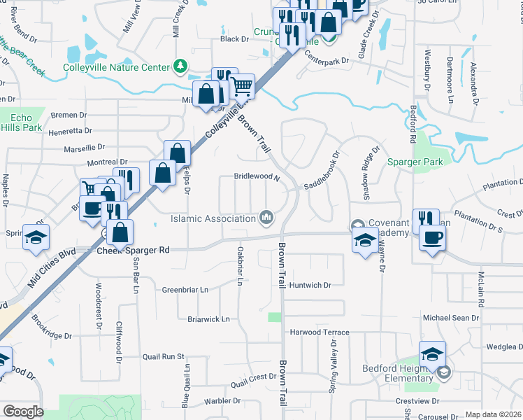 map of restaurants, bars, coffee shops, grocery stores, and more near 4098 Coachman Lane in Colleyville