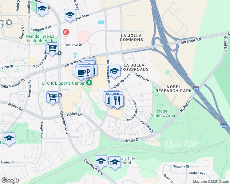map of restaurants, bars, coffee shops, grocery stores, and more near 8993 January Place in San Diego