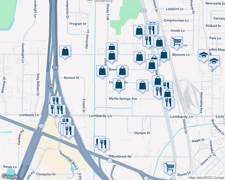 map of restaurants, bars, coffee shops, grocery stores, and more near 10606 Shady Trail in Dallas