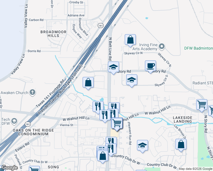map of restaurants, bars, coffee shops, grocery stores, and more near 4200 North Belt Line Road in Irving