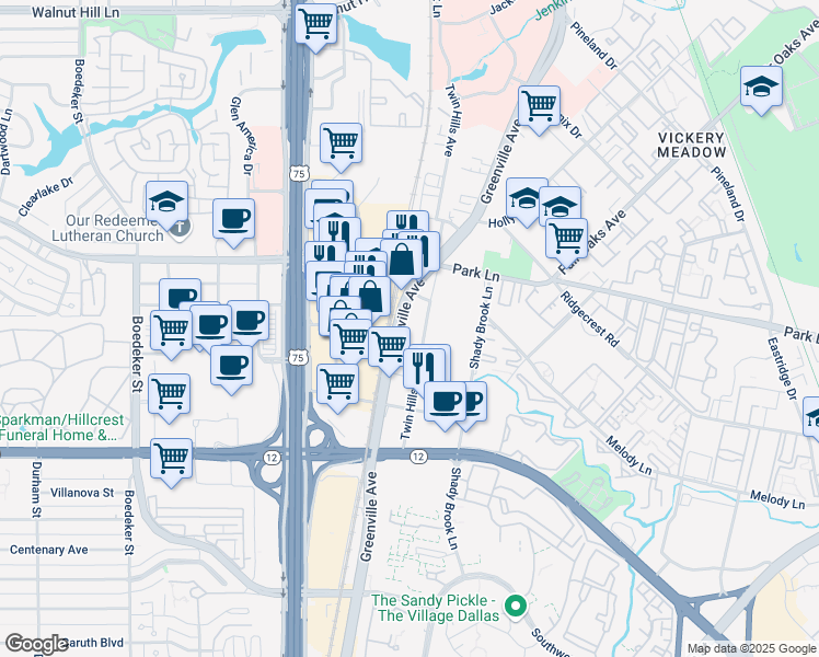 map of restaurants, bars, coffee shops, grocery stores, and more near 6833 Greenville Avenue in Dallas