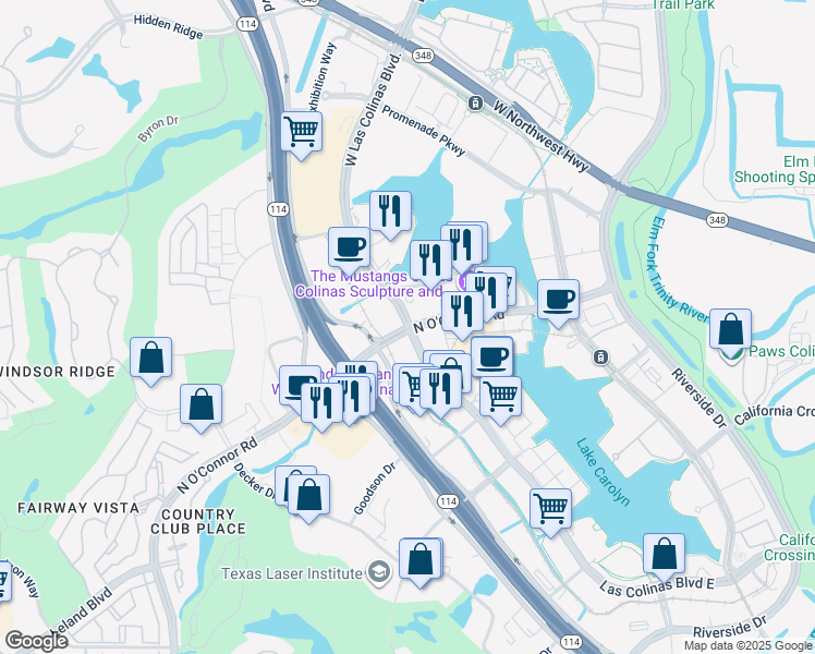 map of restaurants, bars, coffee shops, grocery stores, and more near 300 Las Colinas Boulevard West in Irving