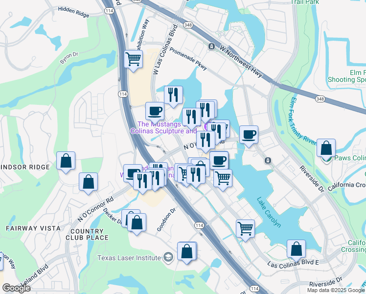 map of restaurants, bars, coffee shops, grocery stores, and more near Las Colinas Boulevard East in Irving