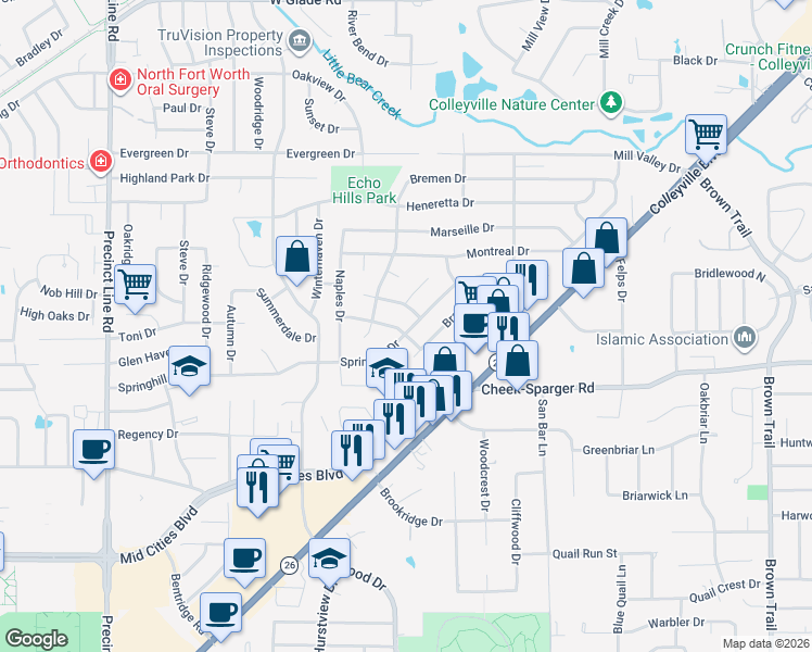 map of restaurants, bars, coffee shops, grocery stores, and more near 408 Springhill Drive in Hurst