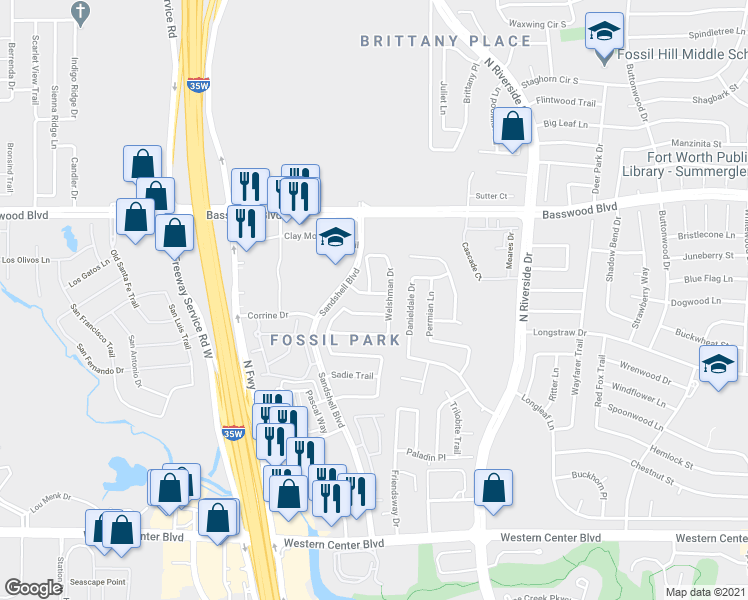 map of restaurants, bars, coffee shops, grocery stores, and more near 3228 Crofton Dr in Fort Worth