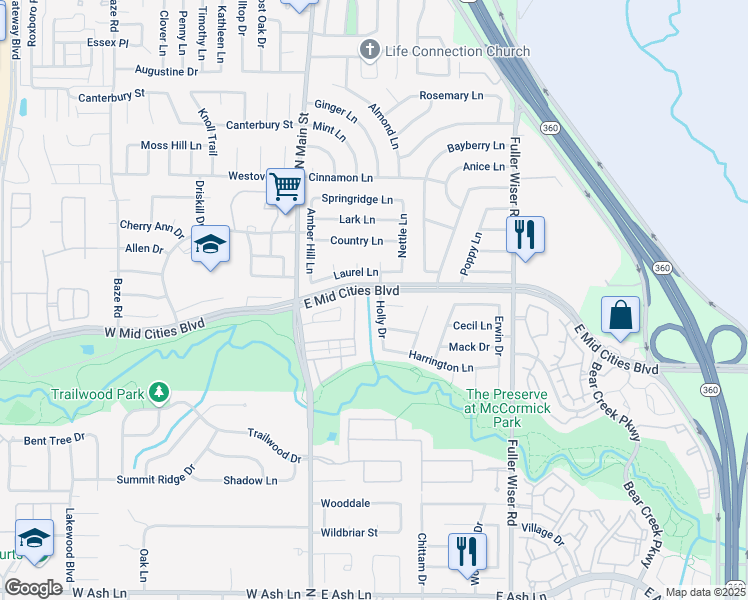 map of restaurants, bars, coffee shops, grocery stores, and more near 2309 Holly Drive in Euless