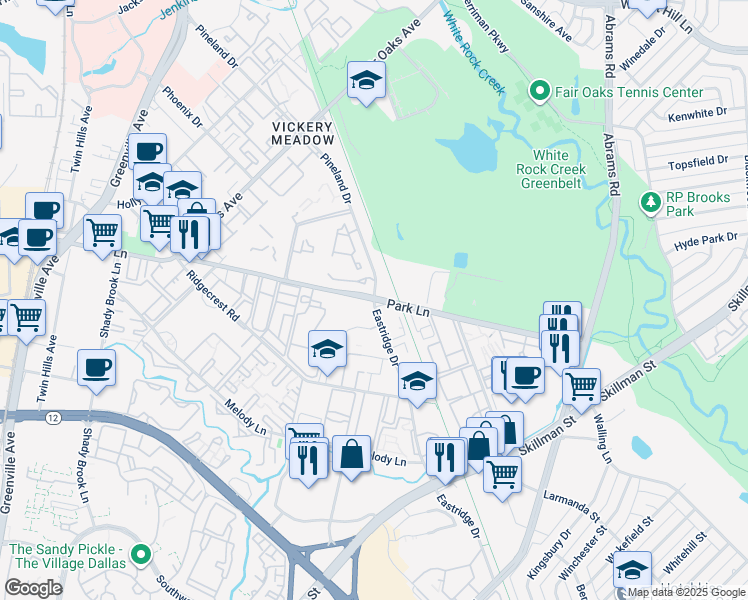 map of restaurants, bars, coffee shops, grocery stores, and more near 8700 Park Ln in Dallas