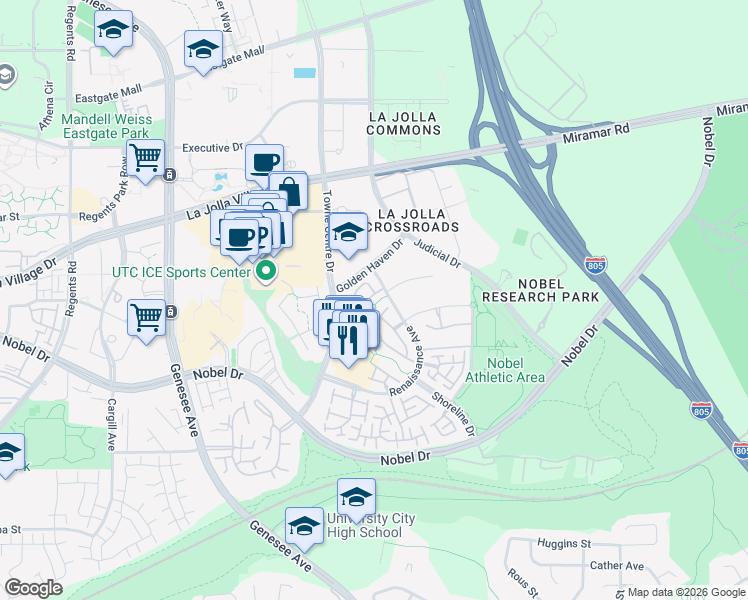 map of restaurants, bars, coffee shops, grocery stores, and more near 5512 Renaissance Avenue in San Diego