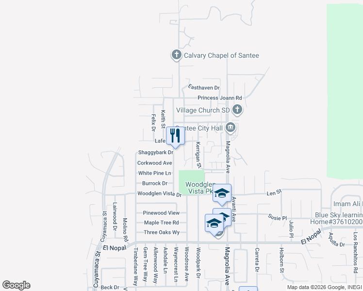 map of restaurants, bars, coffee shops, grocery stores, and more near 10273 Princess Sarit Way in Santee