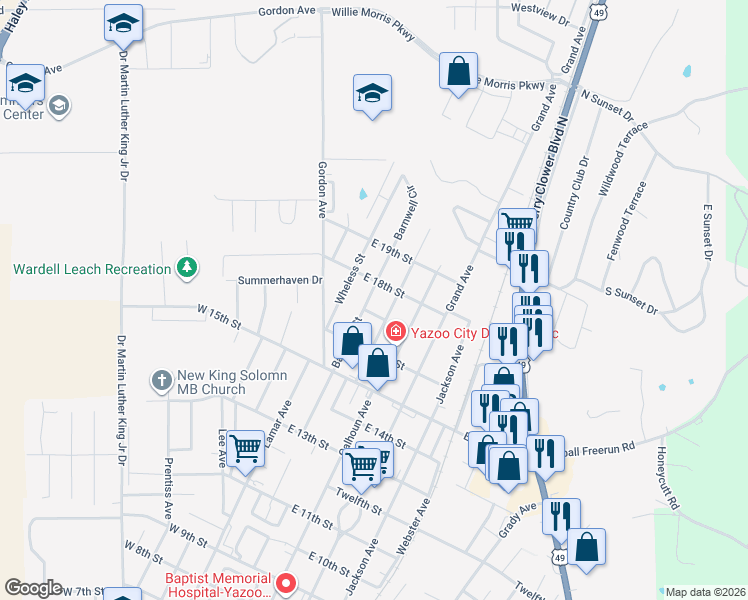 map of restaurants, bars, coffee shops, grocery stores, and more near 1714 Barnwell Street in Yazoo City