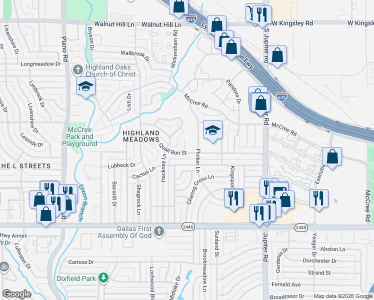 map of restaurants, bars, coffee shops, grocery stores, and more near 8912 Covey Court in Dallas