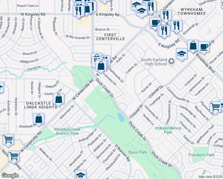 map of restaurants, bars, coffee shops, grocery stores, and more near 3812 Duck Creek Drive in Garland
