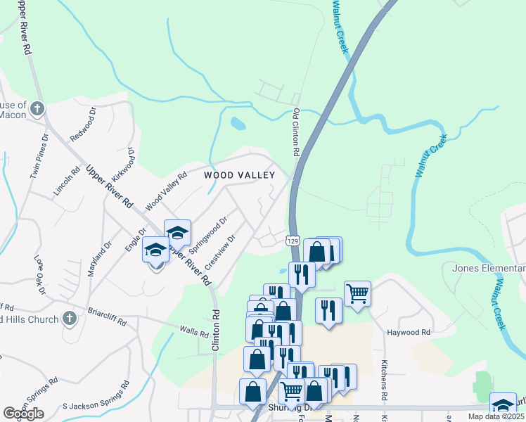 map of restaurants, bars, coffee shops, grocery stores, and more near 1958 Clinton Road in Macon