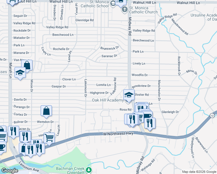 map of restaurants, bars, coffee shops, grocery stores, and more near 4114 Lomita Lane in Dallas