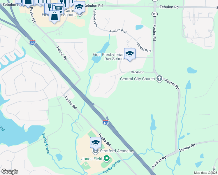 map of restaurants, bars, coffee shops, grocery stores, and more near 128 Springwood Court in Macon