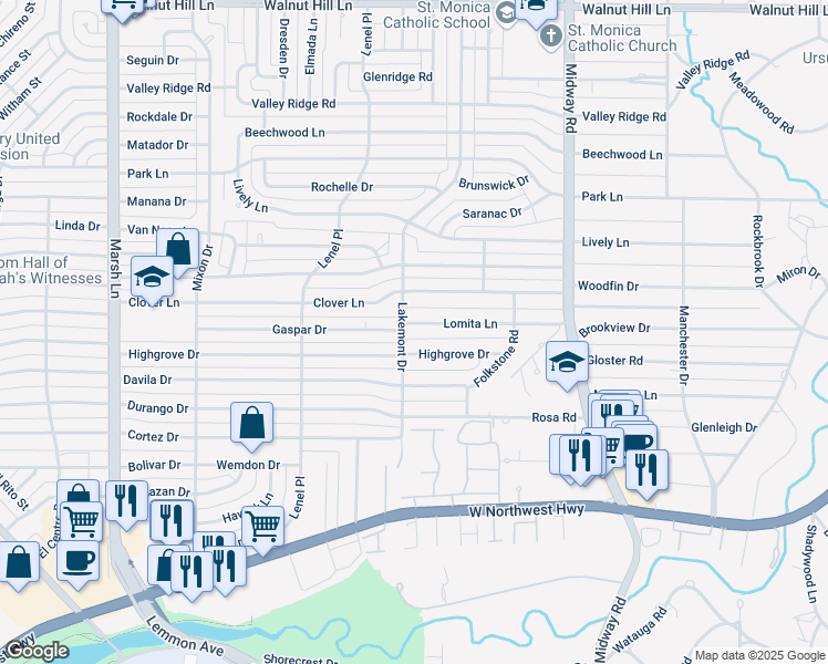 map of restaurants, bars, coffee shops, grocery stores, and more near 4010 Lomita Ln in Dallas