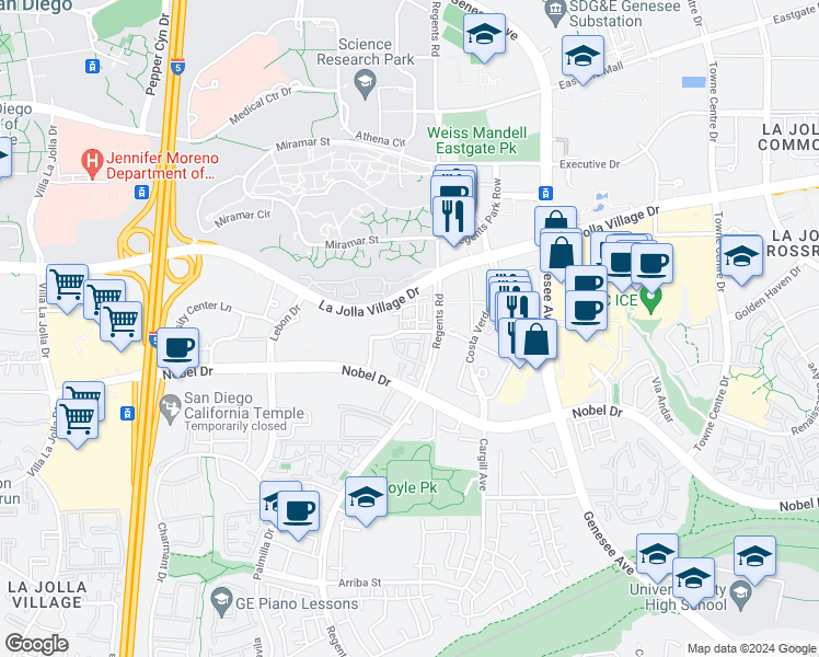 map of restaurants, bars, coffee shops, grocery stores, and more near 4024 Mahaila Avenue in San Diego