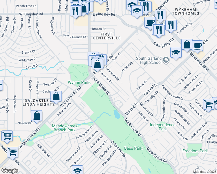 map of restaurants, bars, coffee shops, grocery stores, and more near 3812 Duck Creek Drive in Garland