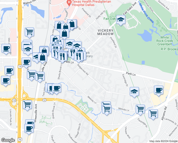 map of restaurants, bars, coffee shops, grocery stores, and more near 6055 Ridgecrest Road in Dallas