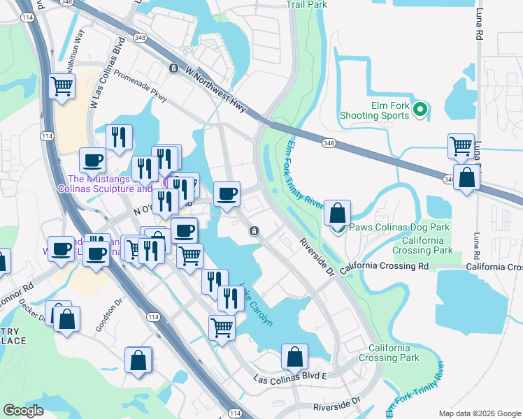 map of restaurants, bars, coffee shops, grocery stores, and more near 652 Dalton Lane in Irving