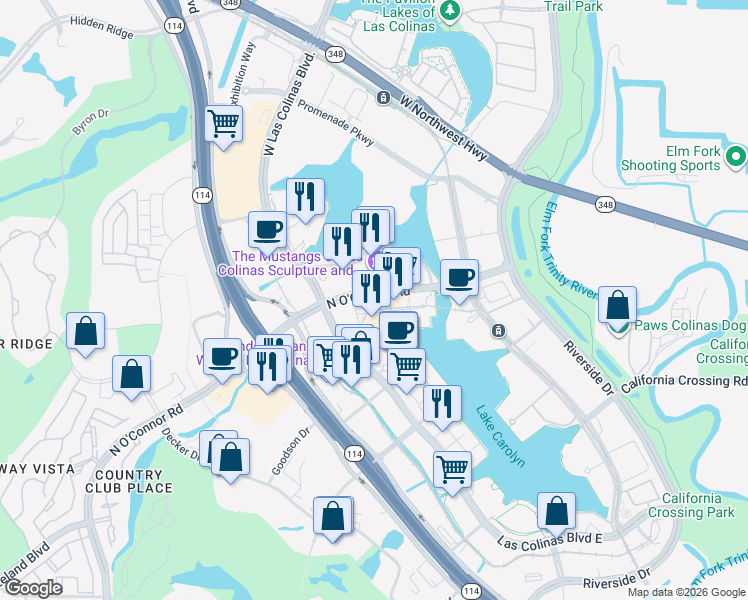 map of restaurants, bars, coffee shops, grocery stores, and more near in Irving