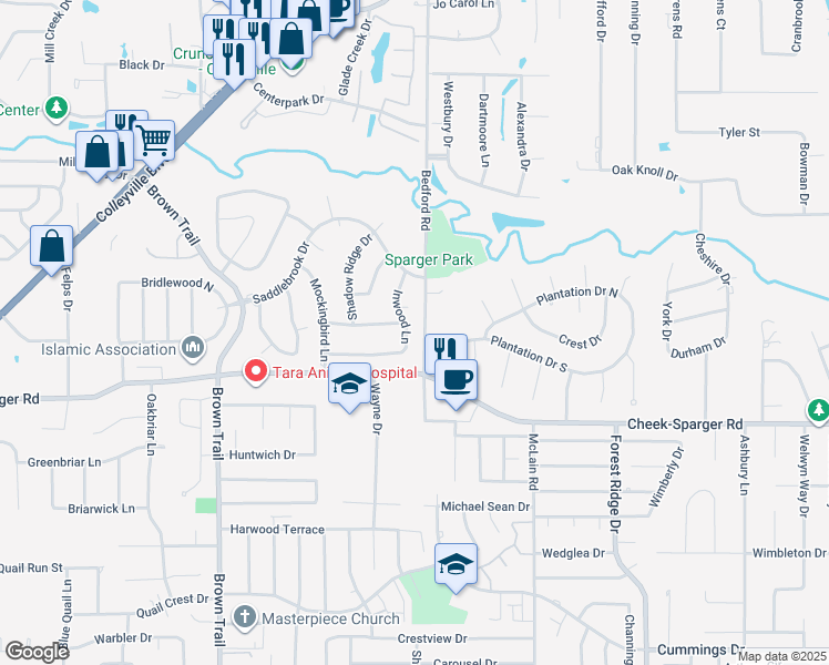 map of restaurants, bars, coffee shops, grocery stores, and more near 4003 Inwood Lane in Colleyville