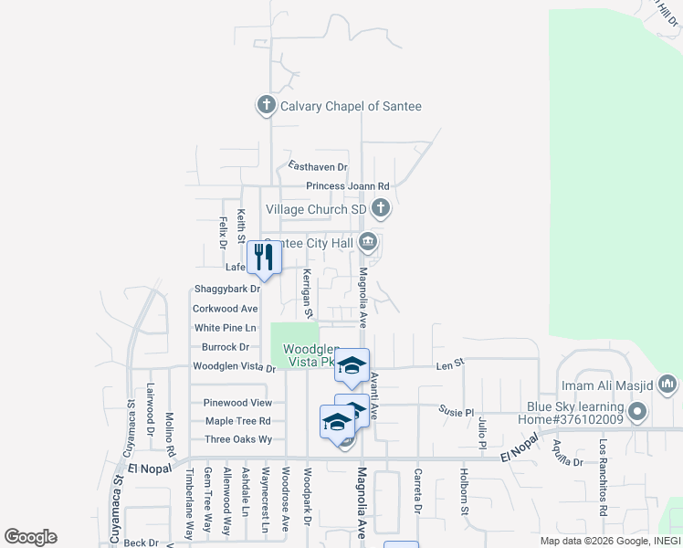 map of restaurants, bars, coffee shops, grocery stores, and more near 10571 Kerrigan Court in Santee