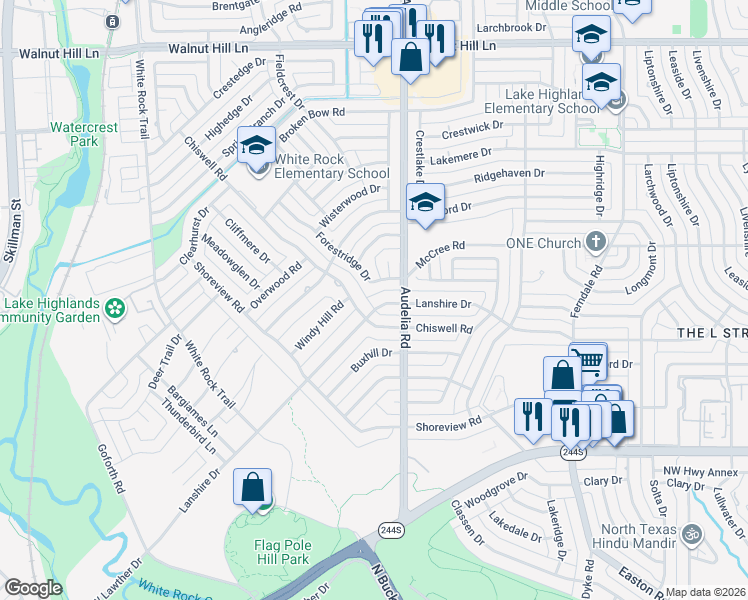 map of restaurants, bars, coffee shops, grocery stores, and more near 9728 Lanshire Drive in Dallas