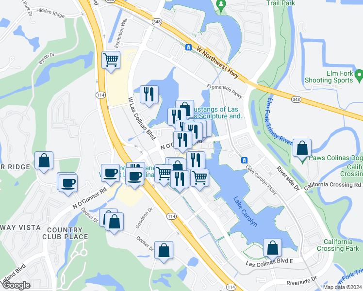 map of restaurants, bars, coffee shops, grocery stores, and more near 5228 North O'Connor Boulevard in Irving