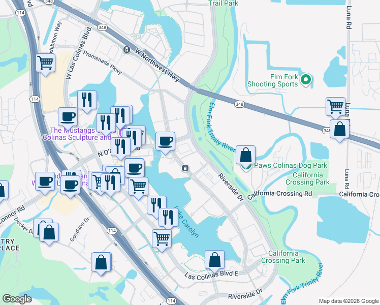 map of restaurants, bars, coffee shops, grocery stores, and more near 652 Dalton Lane in Irving
