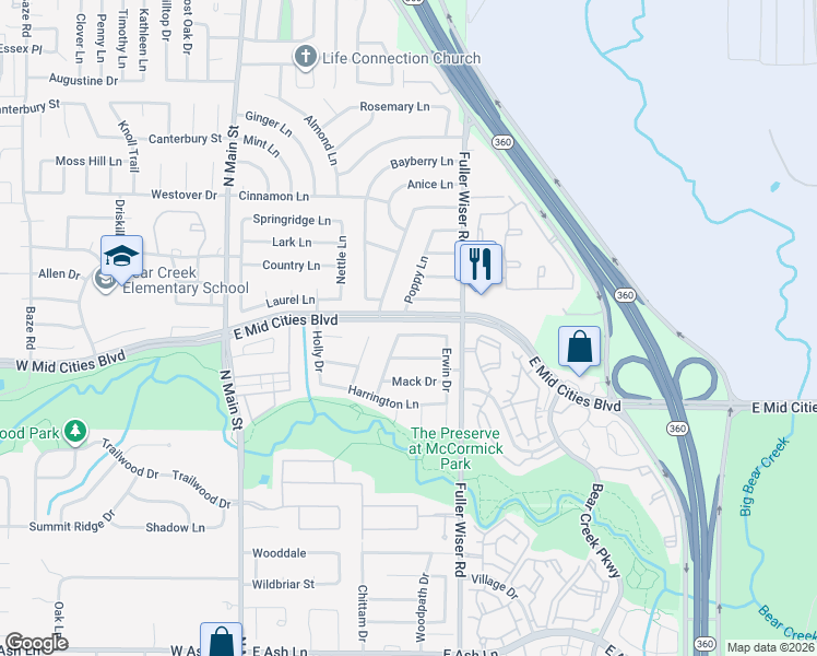 map of restaurants, bars, coffee shops, grocery stores, and more near 509 Holliday Lane in Euless