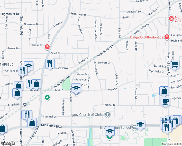 map of restaurants, bars, coffee shops, grocery stores, and more near 8441 Donna Drive in Fort Worth