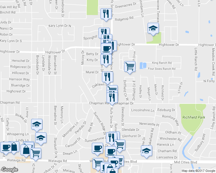 map of restaurants, bars, coffee shops, grocery stores, and more near 6717 Rufe Snow Dr in Watauga