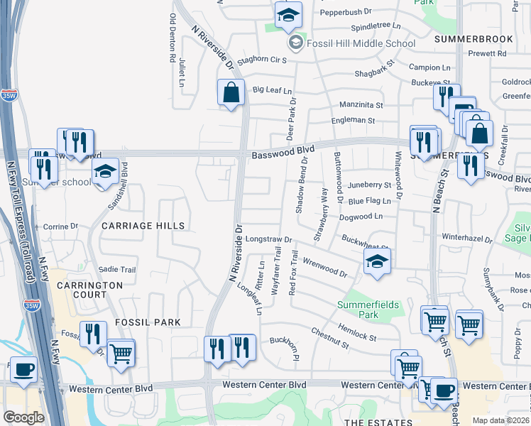 map of restaurants, bars, coffee shops, grocery stores, and more near 3728 Whitefern Drive in Fort Worth