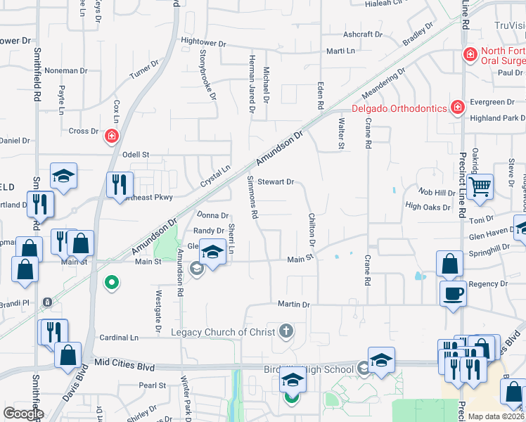 map of restaurants, bars, coffee shops, grocery stores, and more near 8700 Irongate Drive in Fort Worth