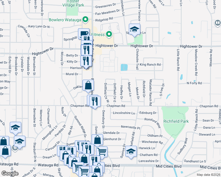map of restaurants, bars, coffee shops, grocery stores, and more near 6809 Driffield Circle in North Richland Hills