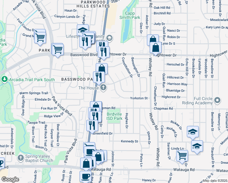 map of restaurants, bars, coffee shops, grocery stores, and more near 6945 Yorkston Street in Watauga