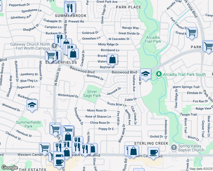 map of restaurants, bars, coffee shops, grocery stores, and more near 4705 Wineberry Drive in Fort Worth