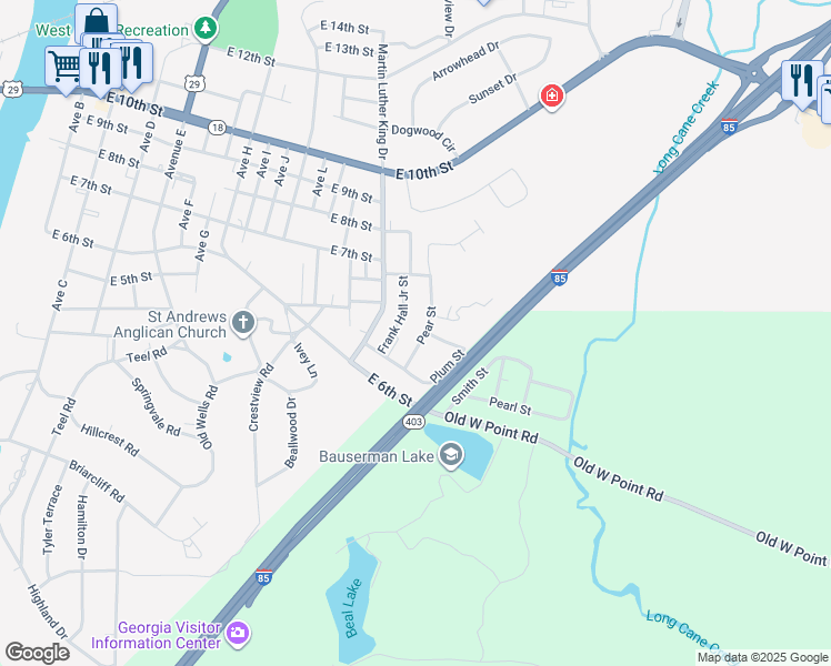 map of restaurants, bars, coffee shops, grocery stores, and more near 615 Pear Street in West Point